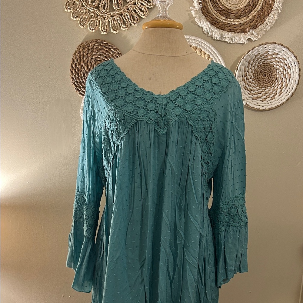 Tantrums Teal Crochet Accent Blouse